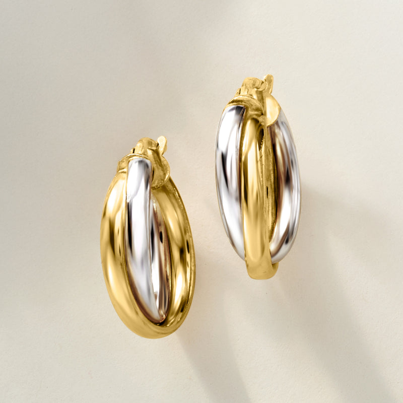 Double-row hoop earrings, shiny gold outer row with silver inner row