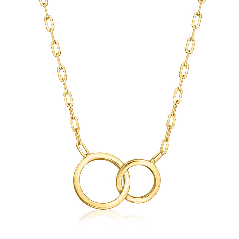 Gold double-circle necklace with interlocking rings and link chain