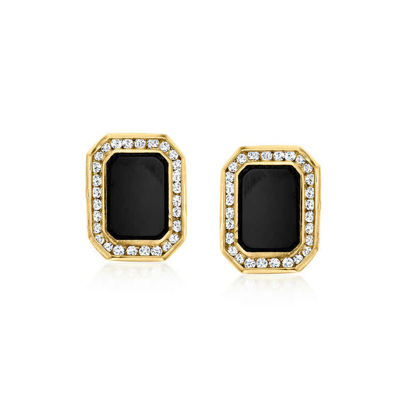 Onyx square bezel earrings with diamond border, set in 18kt yellow gold, clip-post style