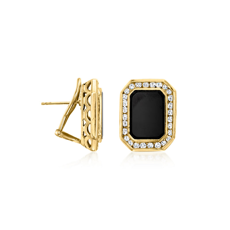 Square onyx earrings in yellow gold with diamond halo and post-back view