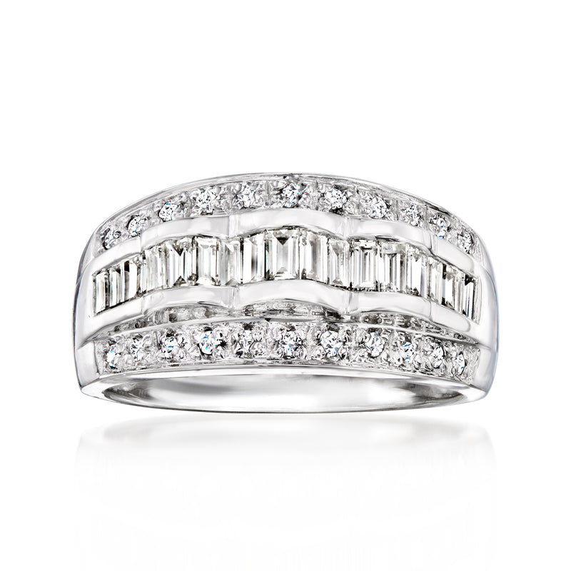18kt white gold diamond band ring with baguette and round stones, three-row design
