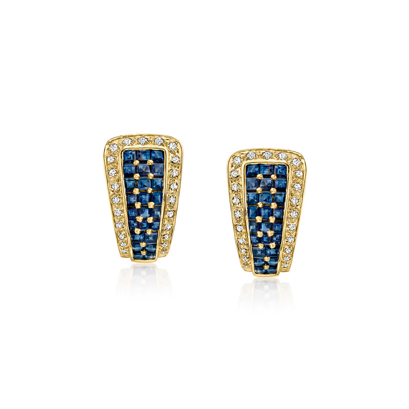 Curved 18k yellow gold clip earrings with blue sapphire center and diamond border
