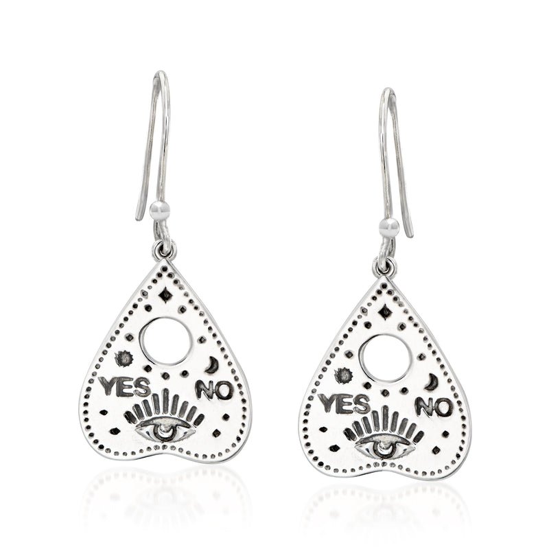 Silver spirit board teardrop drop earrings with “YES”/“NO” and eye motif