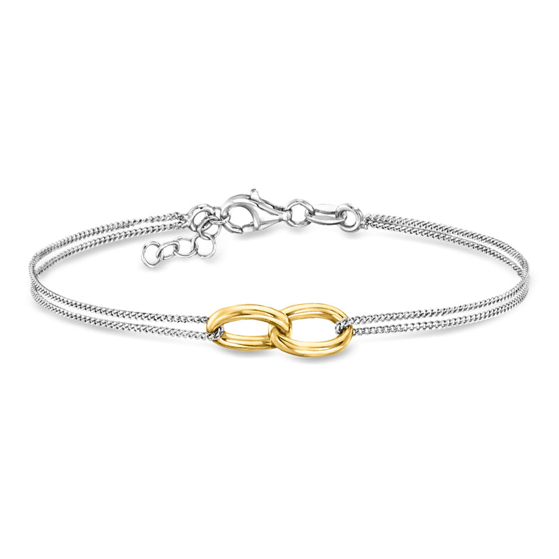 Interlocking oval bracelet with silver chain and gold oval link accents