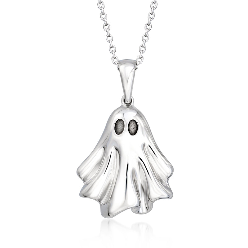 Sterling silver ghost pendant necklace with bell-shaped charm and black eye details