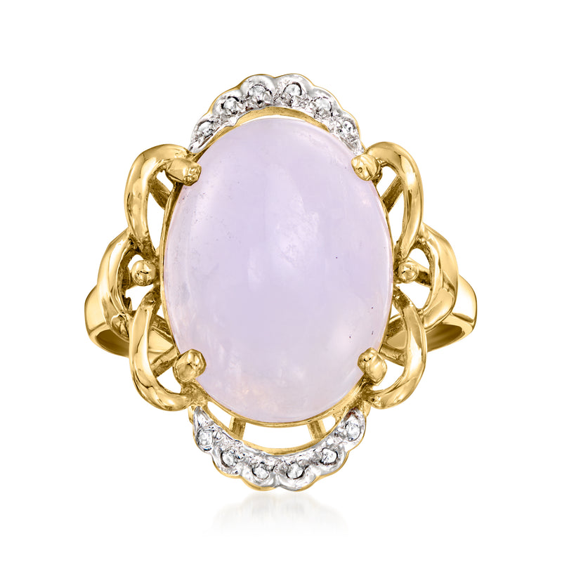 Oval lavender jade ring with diamond halo and 14kt yellow gold setting