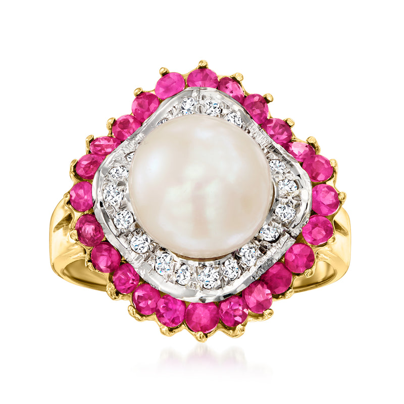 14kt yellow gold ring with cultured pearl center, pink rubies halo, and diamond accents