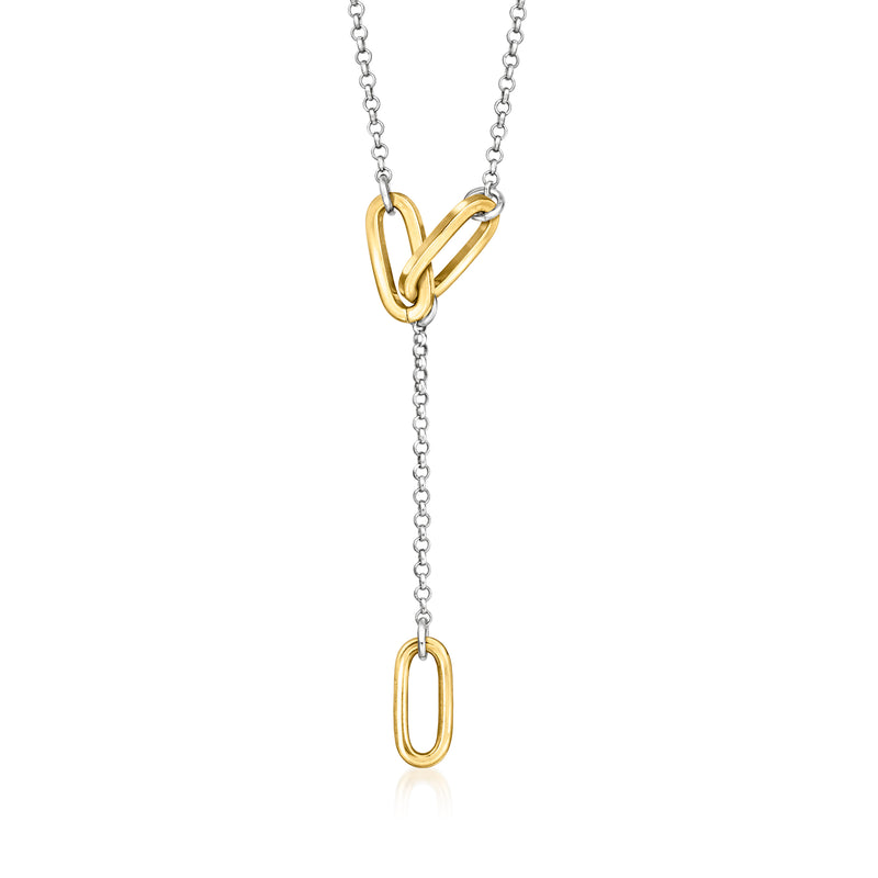 Gold and silver Y-necklace with oval-link drops and small heart-shaped charm