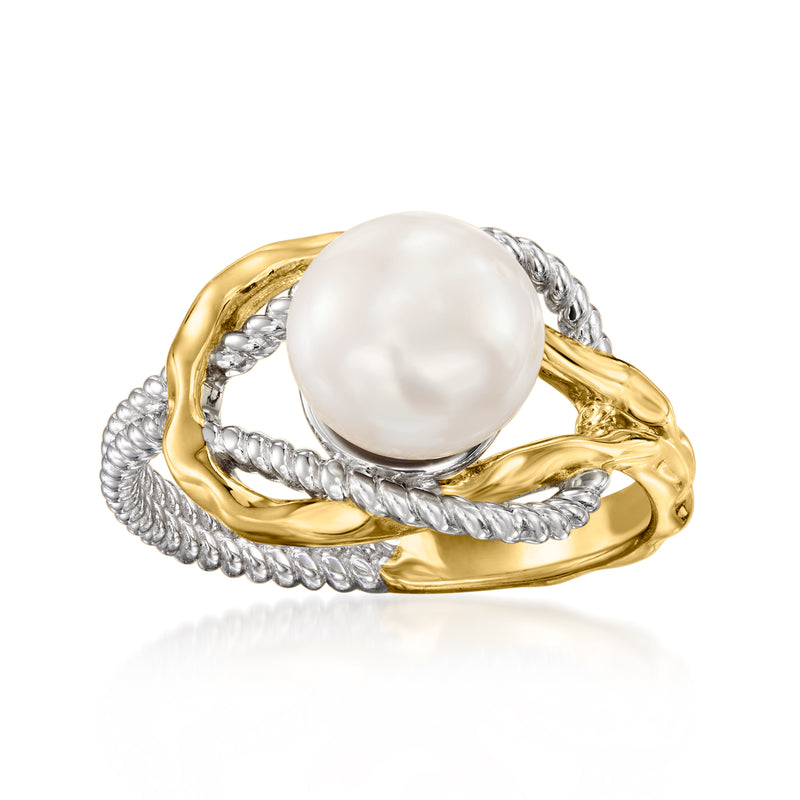 White pearl ring, silver rope band with gold accents on sterling silver setting.