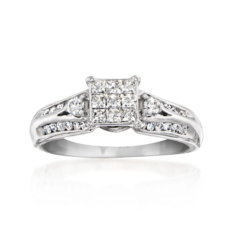 10kt white gold diamond cluster ring with square center and side rows of stones