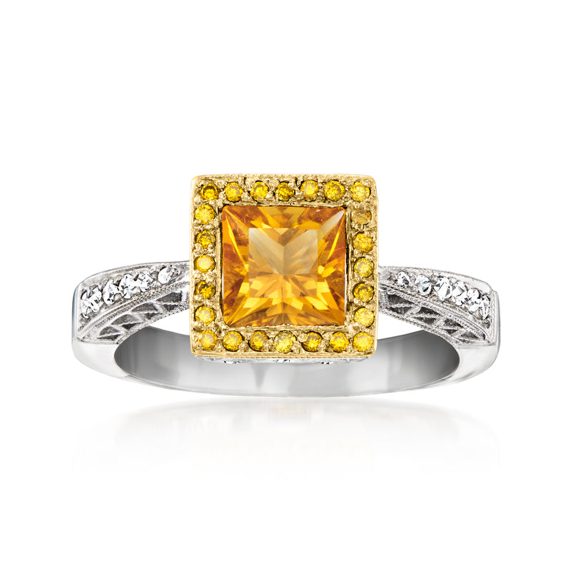 Two-tone gold vintage ring with square citrine center and diamond halo surround