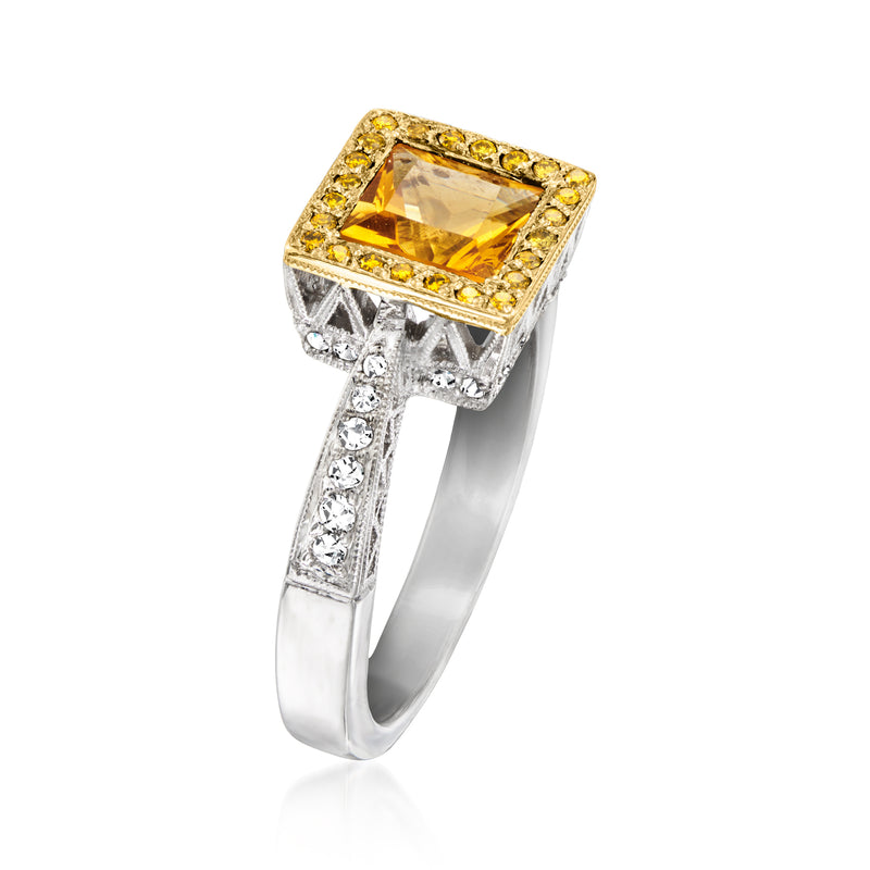 Two-tone gold ring with square citrine gemstone, yellow halo and diamond side accents