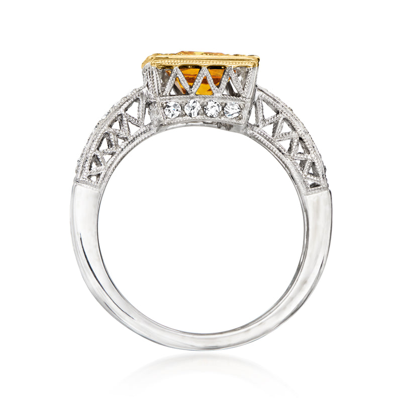 Two-tone gold ring with openwork diamond crown and square citrine center