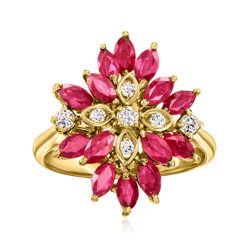 Yellow gold ruby and diamond cluster ring with pink marquise and round stones