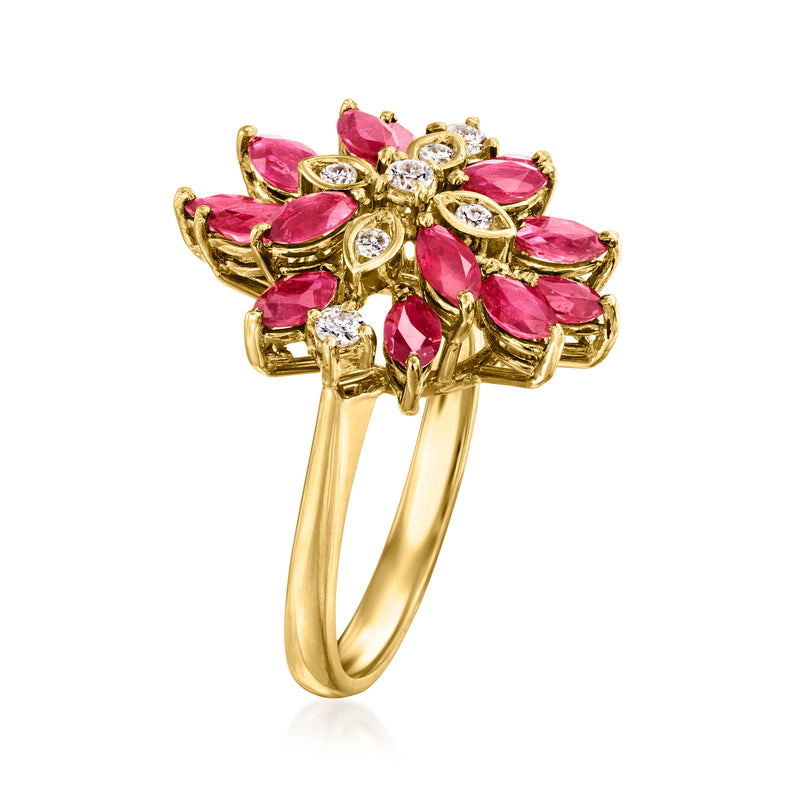 Yellow gold ruby and diamond cluster ring, side view with pink marquise stones