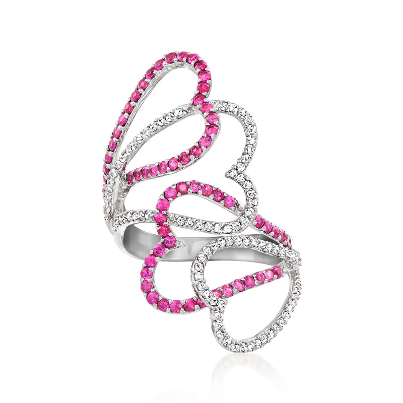 Vintage ruby and diamond double-heart ring in 18kt white gold