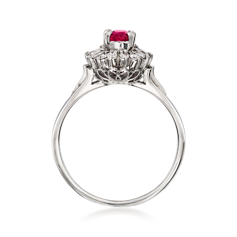 Platinum ruby and diamond cluster ring with openwork shoulders