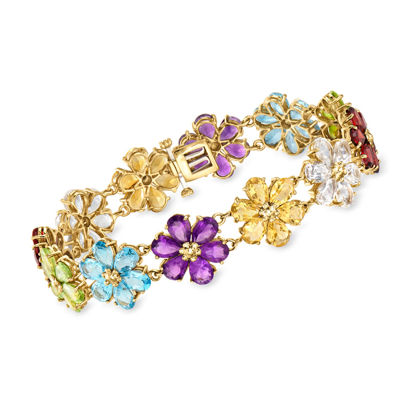 14kt yellow gold multi-gem flower bracelet with colorful gemstone clusters and articulated links