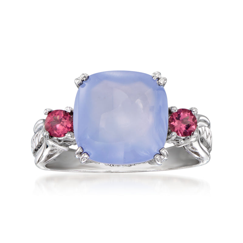 Vintage 14kt white gold ring with large light blue chalcedony, pink tourmalines, diamonds
