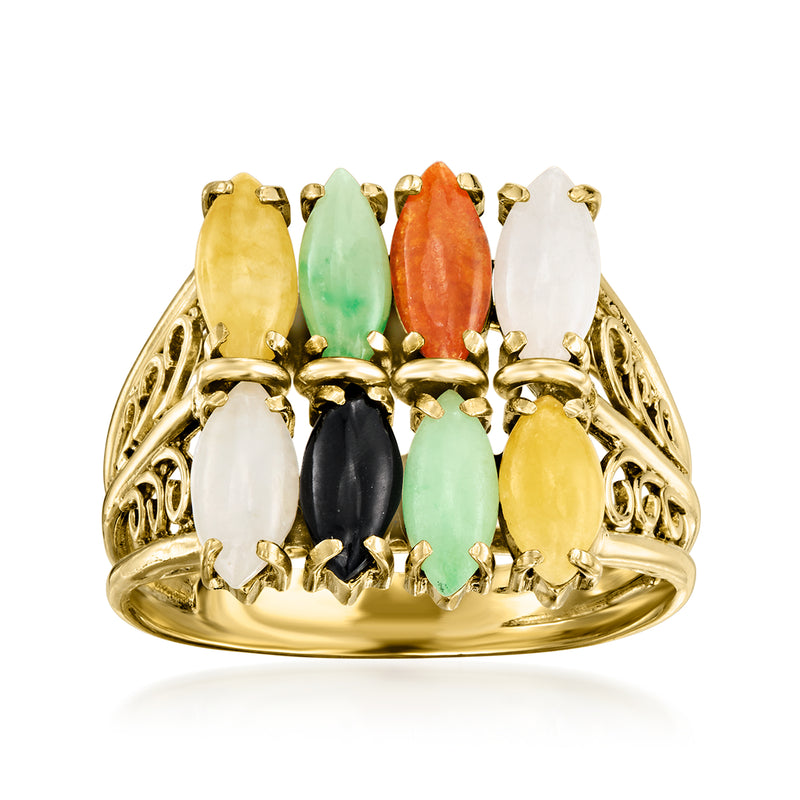 Vintage 14kt yellow gold jade ring with oval multicolored cabochon stones