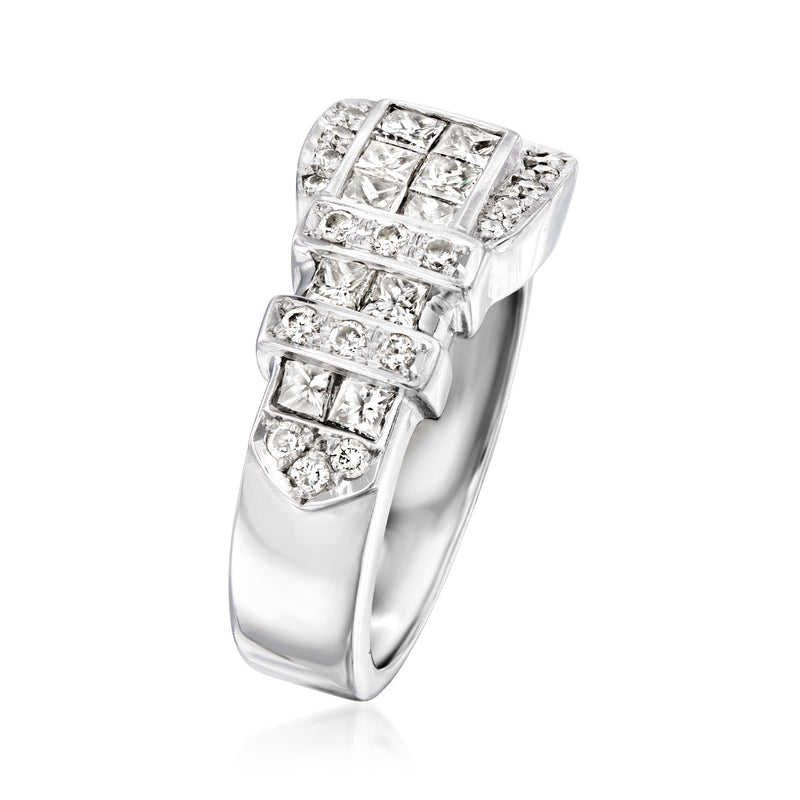 18kt white gold diamond buckle ring with stepped rectangular gemstone rows