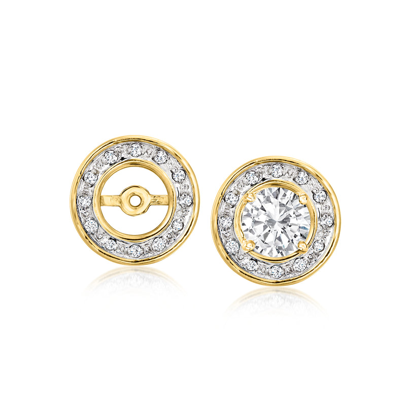 14kt yellow gold circular diamond earring jacket with halo and center stone