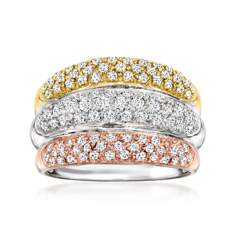 Vintage tri-colored gold diamond three-row ring with pavé stones