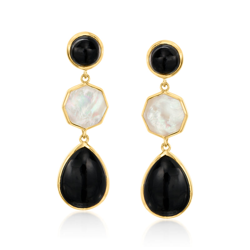Geometric drop earrings: black onyx, mother-of-pearl hex, and gold teardrop drops
