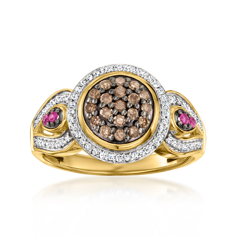 Gold diamond ring with round halo, brown center stones, and pink side accents