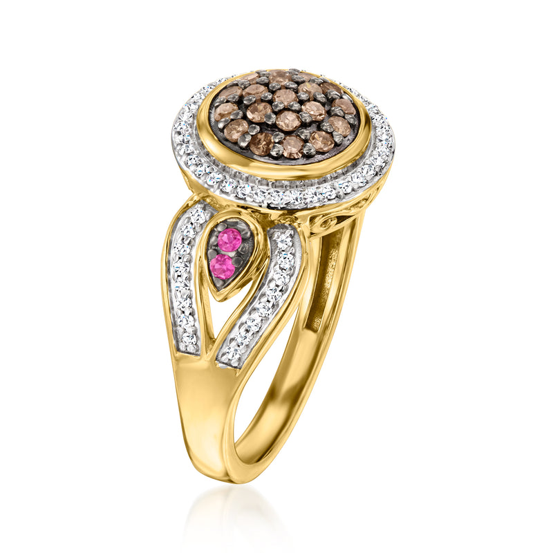 18k gold over sterling diamond ring, round halo with brown stones and pink teardrop