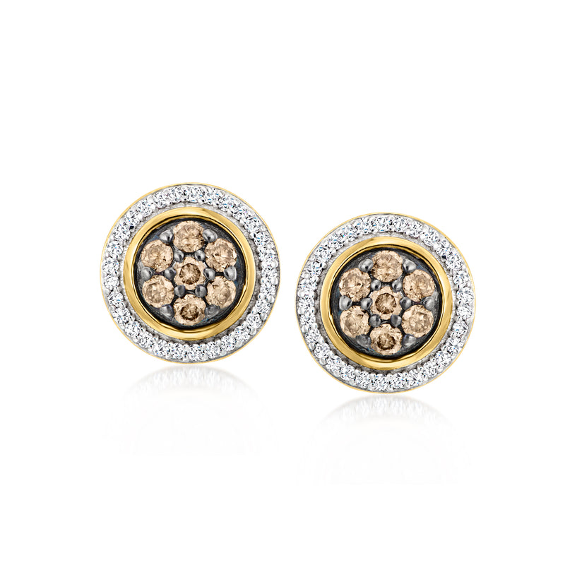 Round diamond stud earrings with gold halo and dark center stones, post back