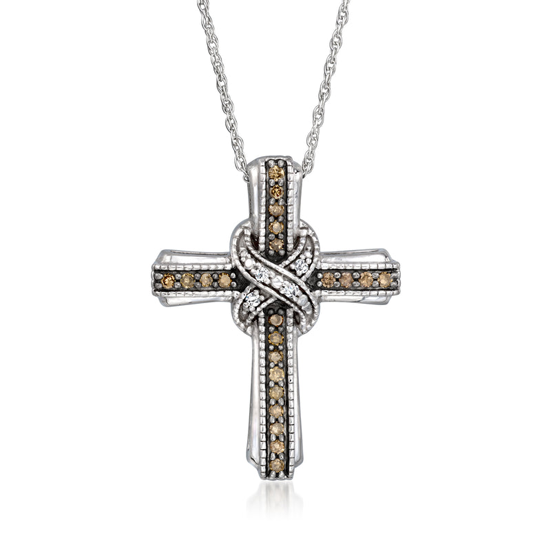 Sterling silver diamond cross pendant necklace with brown and white stones and link chain