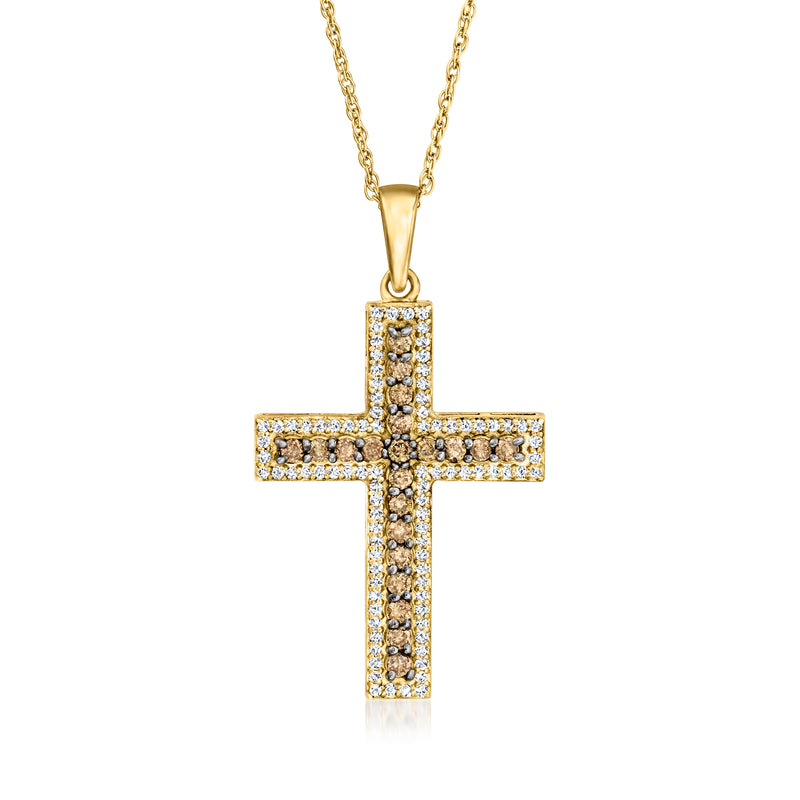 Diamond cross pendant necklace in 18kt gold over sterling with brown and white diamonds