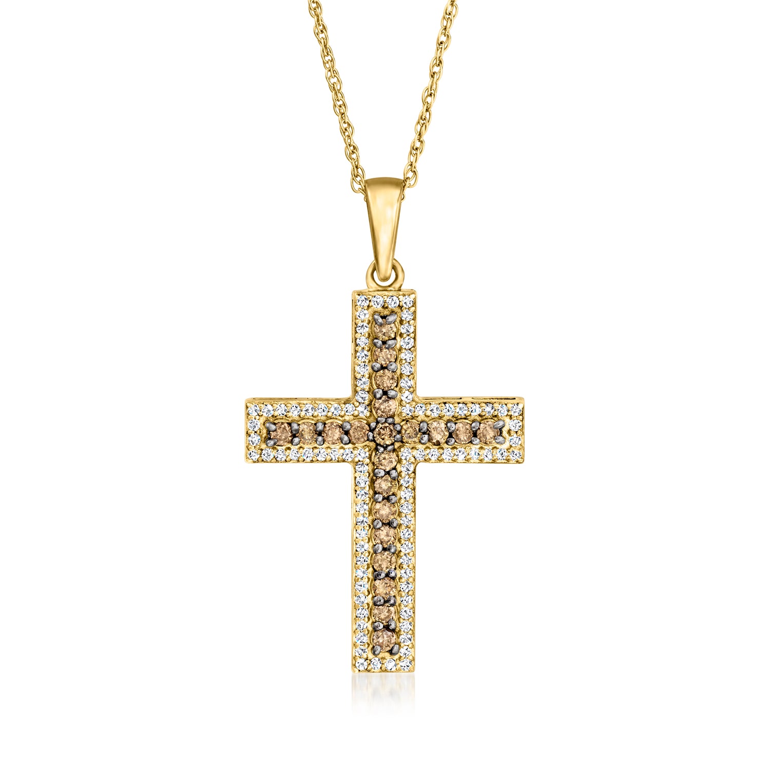 .70 ct. t.w. Brown and White Diamond Cross Pendant Necklace in 18kt Gold Over Sterling