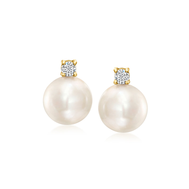 Yellow gold cultured pearl stud earrings with square diamond tops