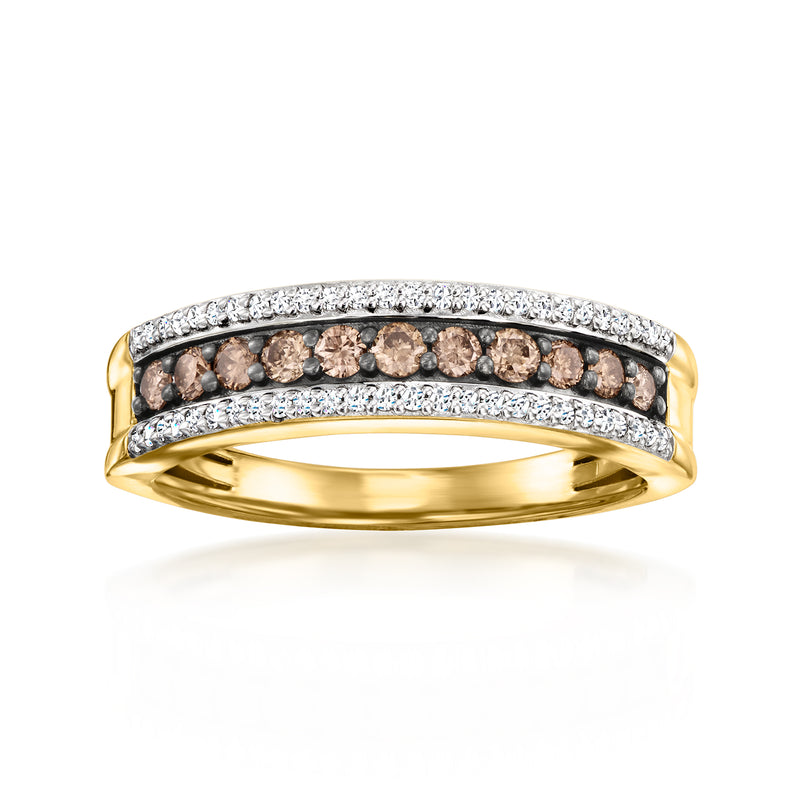 18k gold over sterling diamond ring with brown and white stones, two-row halo