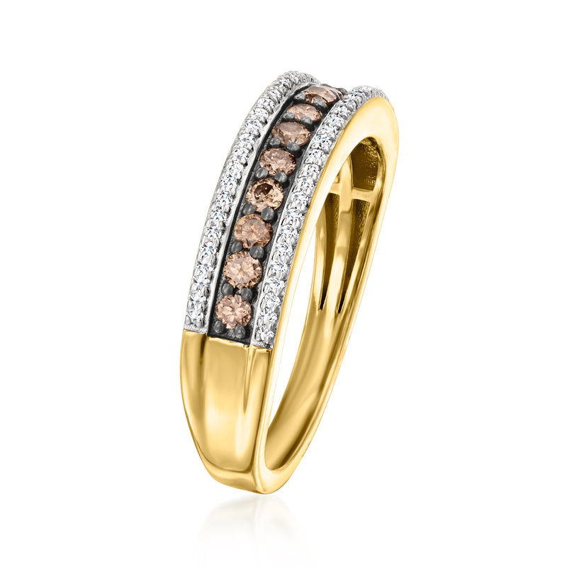 Two-row diamond ring with brown and white stones in raised halo, gold over sterling