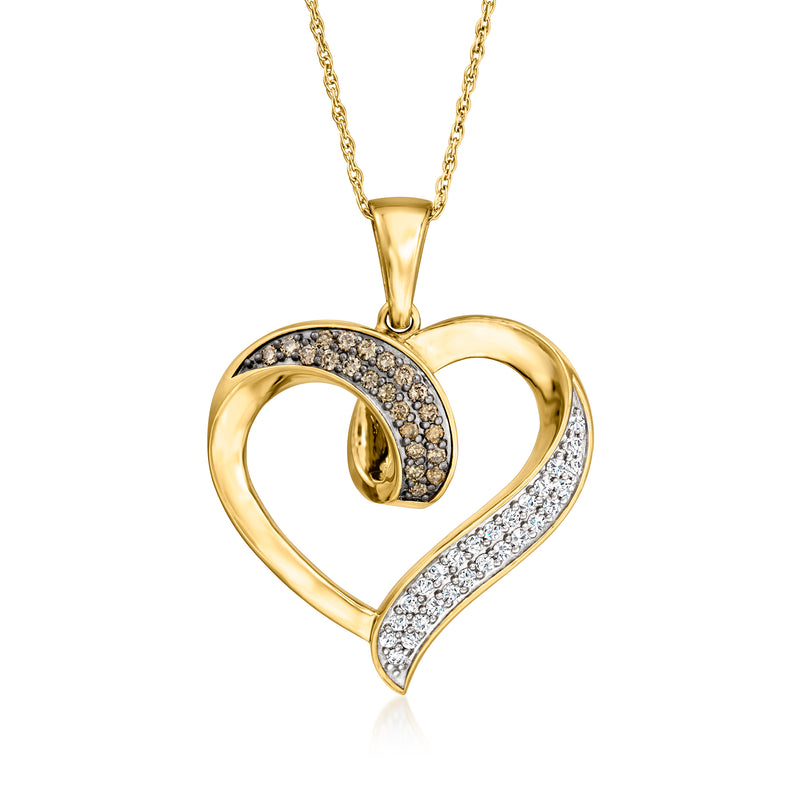 Heart pendant necklace with brown and white diamonds in 18kt gold over sterling