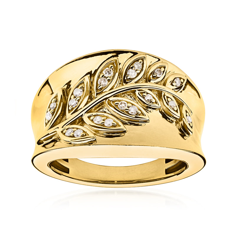 Gold-tone leaf design diamond ring with small round clear stones, openwork band