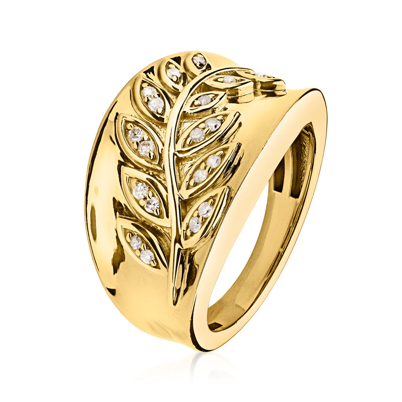 Gold-tone leaf motif diamond ring, side view with round clear stones on band