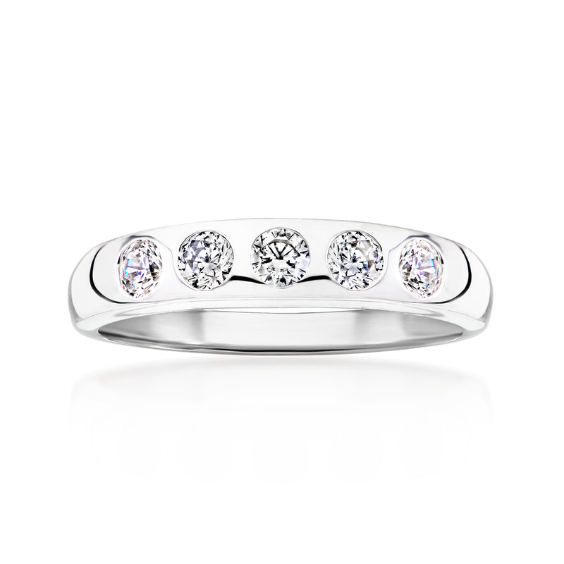 Sterling silver CZ ring with five round clear stones across the top band