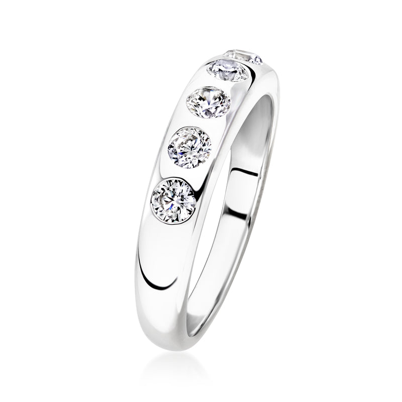 Sterling silver CZ ring with round clear stones along the top of the slim band