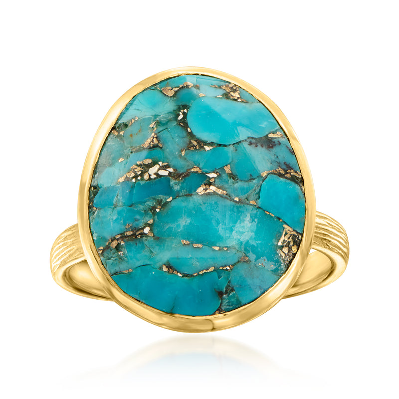 Turquoise oval cabochon ring in gold-tone setting, split shank band