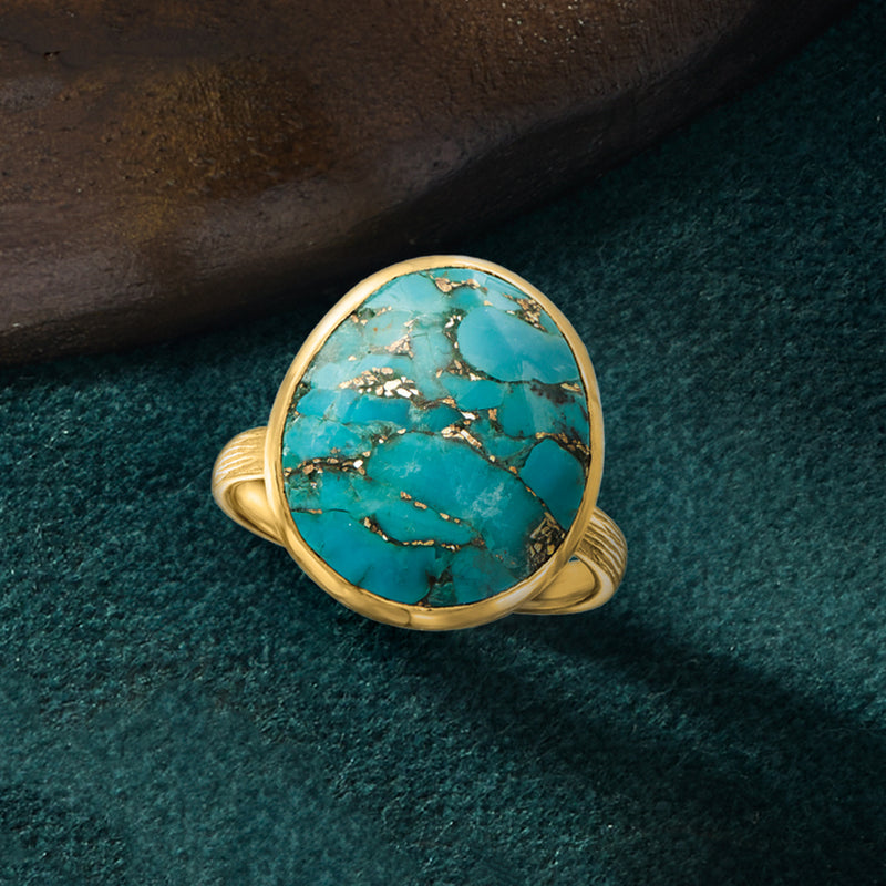 Turquoise cabochon ring with gold-tone bezel, detailed stone face