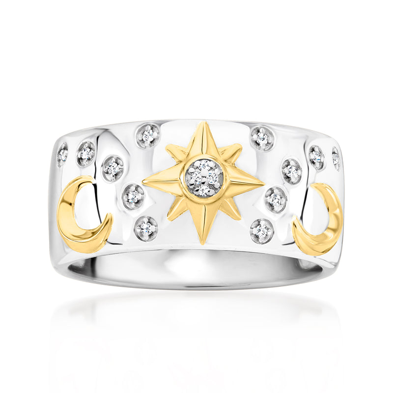 Celestial diamond ring in sterling silver with gold star and two gold crescent settings