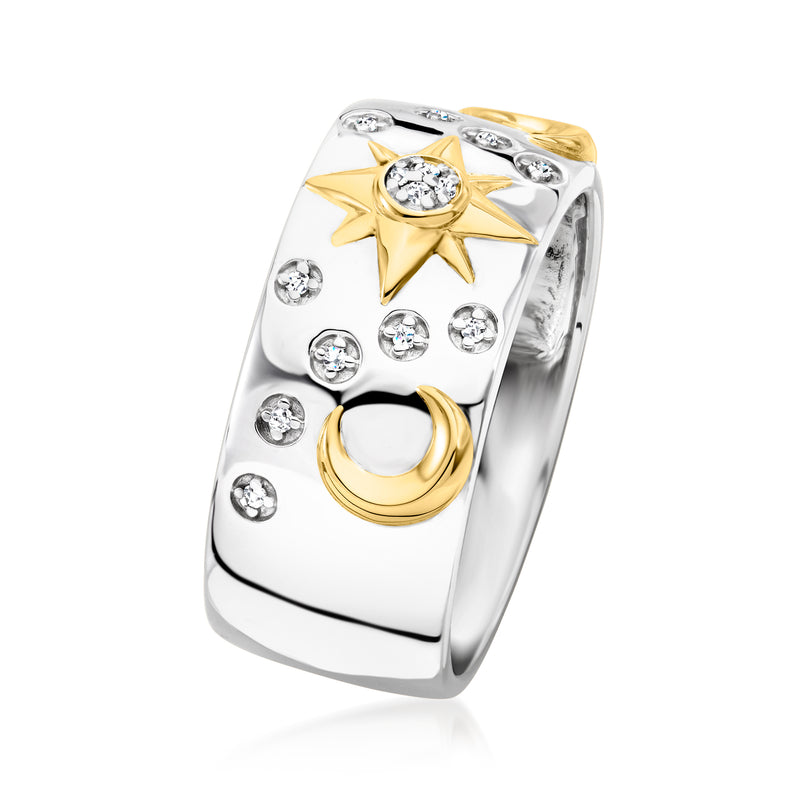 Sterling silver celestial ring with gold starburst, round diamonds, and gold crescent accents