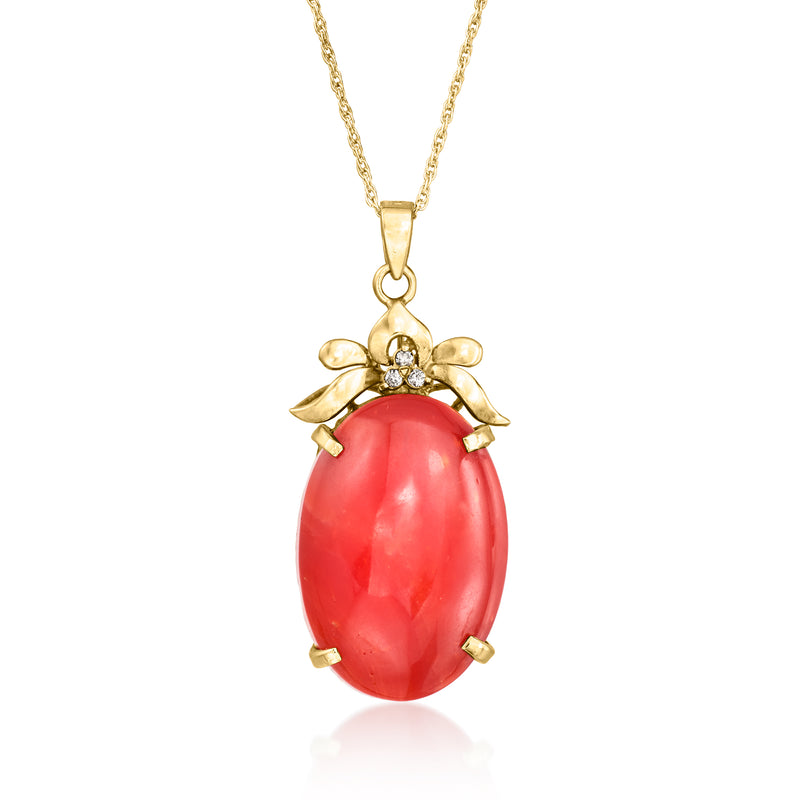 Vintage red coral pendant necklace with diamonds, 14kt yellow gold chain