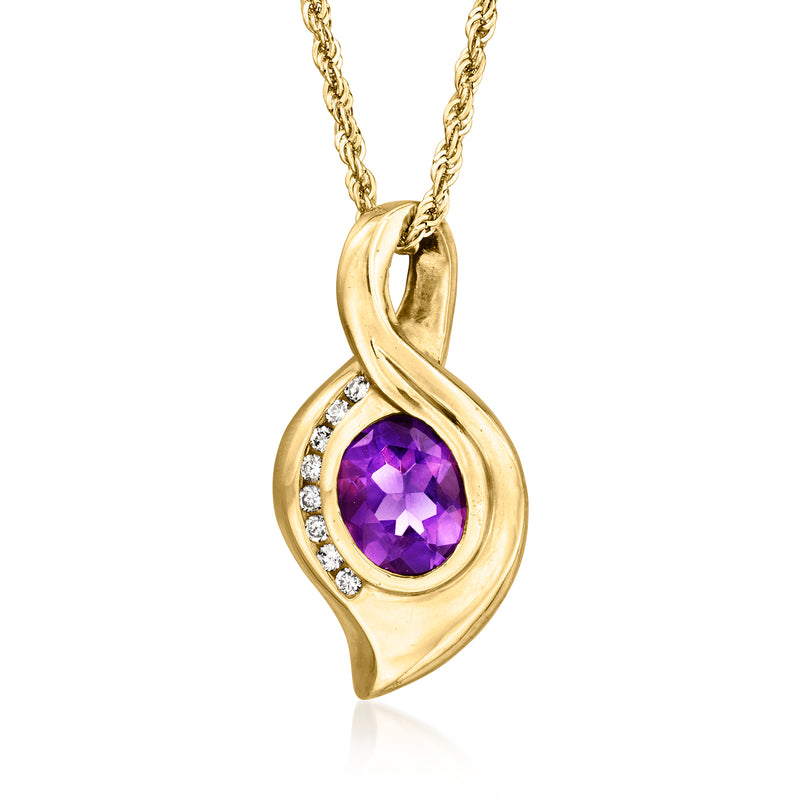 14kt yellow gold pendant necklace with teardrop amethyst center and diamond halo