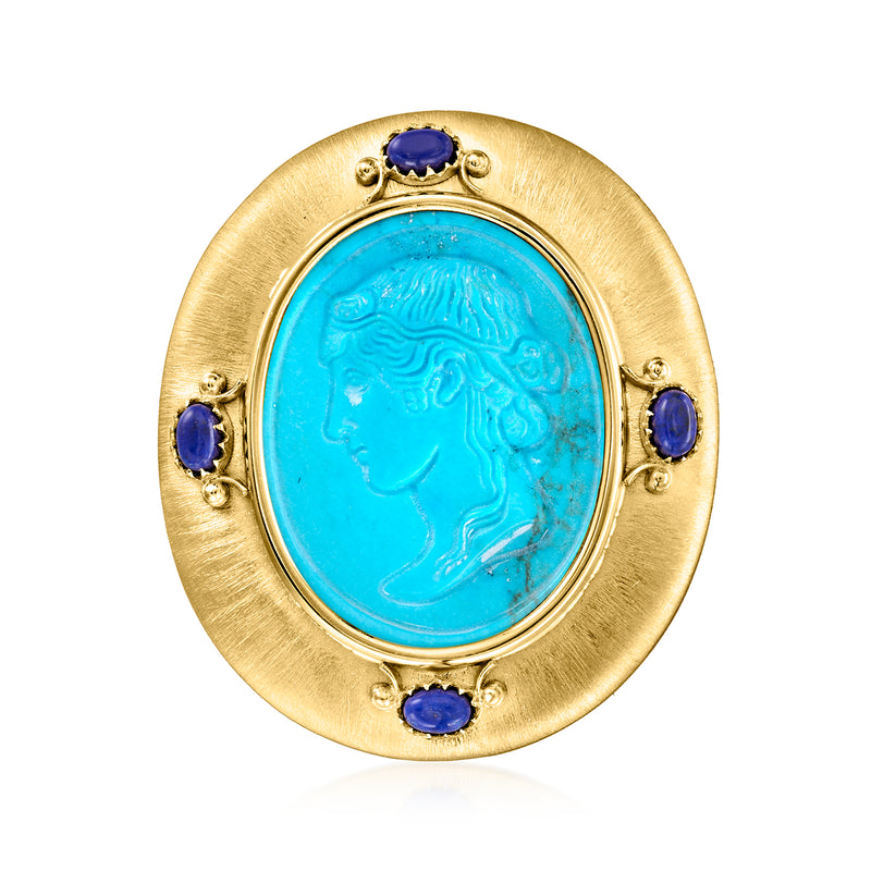 Oval turquoise stone pendant with gold bezel and blue lapis accents