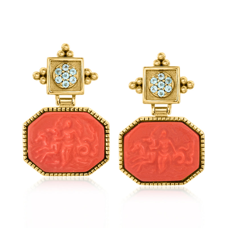 Gold-tone drop earrings with red cameo dangles and blue crystal halo tops